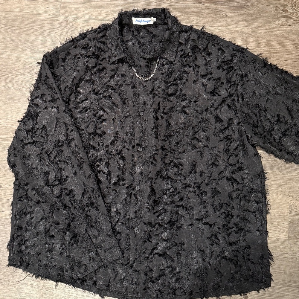KPOP streetsyle Textured Black Jacquard Shirt Unique Feathered Fabric
